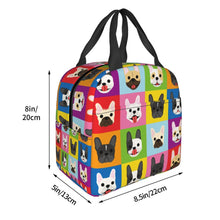 Load image into Gallery viewer, Image of the size of an insulated French Bulldog lunch bag with exterior pocket in infinite French Bulldog design