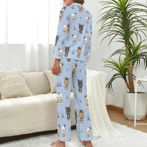 image of a woman wearing a blue pajamas set for women - blue french bulldog pajamas set for women - back view