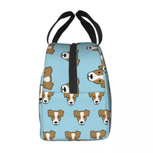 Load image into Gallery viewer, Side image of an insulated Jack Russell Terrier lunch bag with exterior pocket in infinite Jack Russell Terrier design