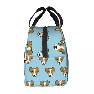 Side image of an insulated Jack Russell Terrier lunch bag with exterior pocket in infinite Jack Russell Terrier design