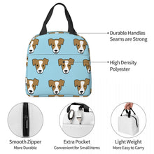 Load image into Gallery viewer, Information detail image of an insulated Jack Russell Terrier lunch bag with exterior pocket in infinite Jack Russell Terrier design
