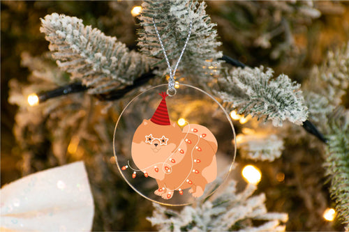 Merry Pomeranian Christmas Tree Ornament-Christmas Ornament-Christmas, Dogs, Pomeranian-With Christmas Lights and wearing Cone Hat-1