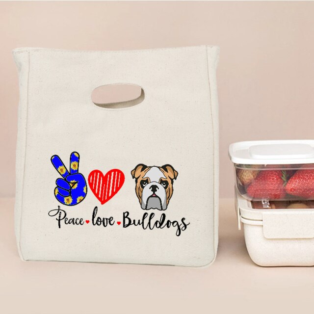 Peace, Love, and Bulldogs Insulated Lunch Bag-Accessories-Accessories, Bags, Dogs, English Bulldog, Lunch Bags-1