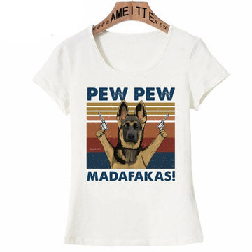 Pew Pew German Shepherds Womens T Shirts-Apparel-Apparel, Dogs, German Shepherd, Shirt, T Shirt, Z1-German Shepherd - Two Guns and Serious Face-S-2