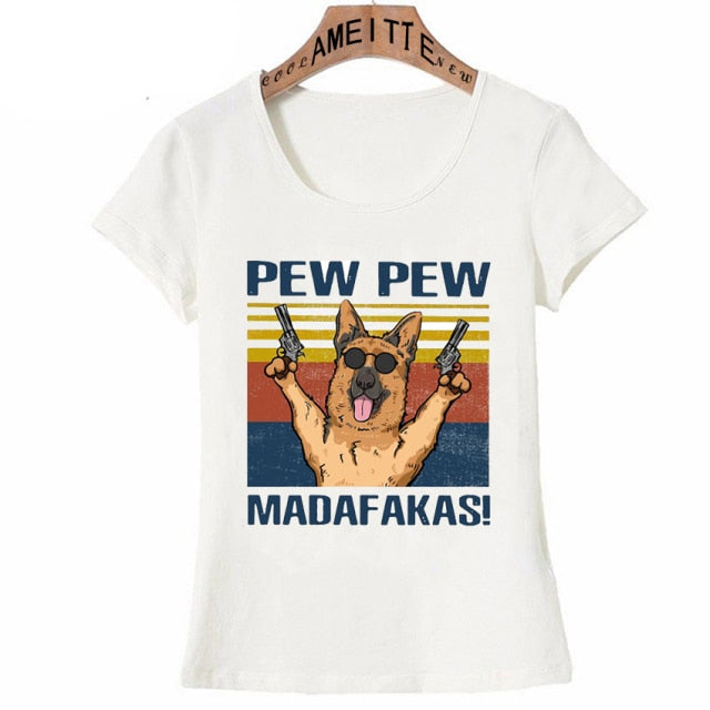 Pew Pew German Shepherds Womens T Shirts-Apparel-Apparel, Dogs, German Shepherd, Shirt, T Shirt, Z1-German Shepherd - Two Guns and Sunglasses-L-1