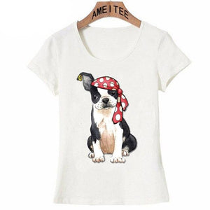 Image of a boston terrier tee shirt in the cutest pirate Boston Terrier, with a gold earring and a red and white polka-dotted bandana design