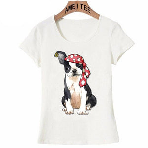 Image of a t-shirt boston terrier in the cutest pirate Boston Terrier, with a gold earring and a red and white polka-dotted bandana design