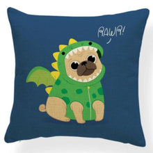 Load image into Gallery viewer, Image of pug cushion cover in the cutest fawn Pug wearing a green dragon suit with scales, on a blue backgroun