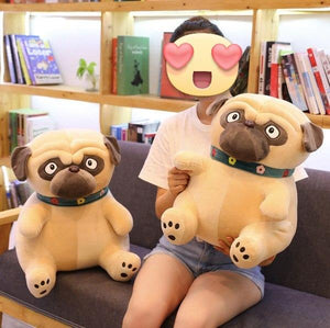Image of a girl sitting on a couch with two Pug stuffed animals