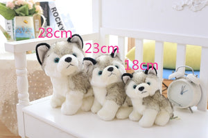 Image of three super cute Siberian Husky stuffed animal plush toys in different sizes sitting next to each other on a white bench
