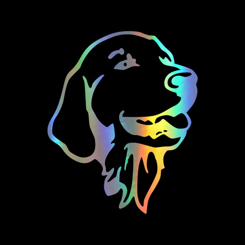 Image of a golden retriever car decal in reflective rainbow color