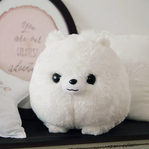Front image of an adorable stuffed American Eskimo Dog plush toy pillow