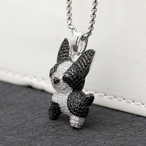 Side image of a studded boston terrier necklace