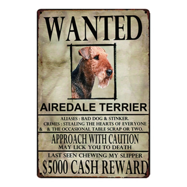 Wanted Airedale Terrier Approach With Caution Tin Poster - Series 1-Sign Board-Airedale Terrier, Dogs, Home Decor, Sign Board-Airedale Terrier-One Size-1