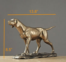 Load image into Gallery viewer, Size image of a golden weimaraner statue made of brass and resin