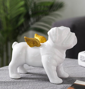 Image of a white English Bulldog statue with gold-plated angel wings made of ceramic