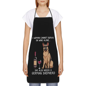 Image of a lady wearing a black german shepherd apron with a white background