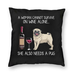 Wine and Pug Mom Love Cushion Cover-Home Decor-Cushion Cover, Dogs, Home Decor, Pug-3