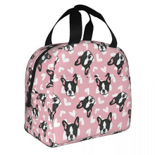 Load image into Gallery viewer, Image of an insulated Boston Terrier bag with exterior pocket in pink color
