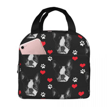 Load image into Gallery viewer, Image of an insulated black color Boston Terrier lunch bag with exterior pocket