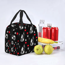 Load image into Gallery viewer, Image of an insulated Boston Terrier lunch bag with exterior pocket in the color black