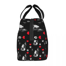 Load image into Gallery viewer, Side image of an insulated Boston Terrier lunch bag with exterior pocket in black color