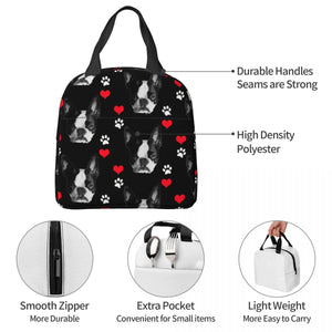 Information detail image of an insulated Boston Terrier lunch bag with exterior pocket in black color