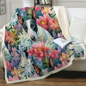 Black and White Bull Terrier in Bloom Fleece Blanket-Blanket-Blankets, Bull Terrier, Home Decor-13