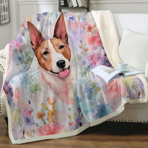 Watercolor Flower Garden Fawn and White Bull Terrier Fleece Blanket-Blanket-Blankets, Bull Terrier, Home Decor-3