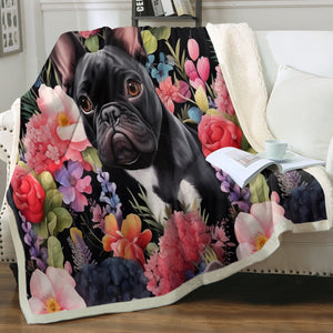 Botanical Beauty Black Frenchie Soft Warm Fleece Blanket-Blanket-Blankets, French Bulldog, Home Decor-3