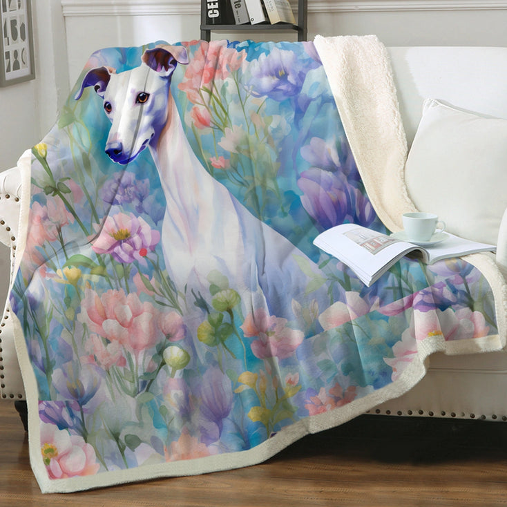 Magical Pastel Garden White Greyhound / Whippet Fleece Blanket-Blanket-Blankets, Greyhound, Home Decor, Whippet-2