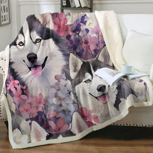 Husky Mom and Baby in Petal Bloom Fleece Blanket-Blanket-Blankets, Home Decor, Siberian Husky-3