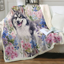Load image into Gallery viewer, Pastel Flowers and Happy Husky Fleece Blanket-Blanket-Blankets, Home Decor, Siberian Husky-2
