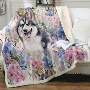 Pastel Flowers and Happy Husky Fleece Blanket-Blanket-Blankets, Home Decor, Siberian Husky-2
