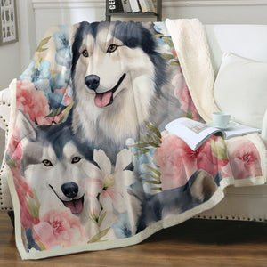 Precious Painted Husky Mom and Baby Fleece Blanket-Blanket-Blankets, Home Decor, Siberian Husky-3