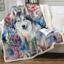 Load image into Gallery viewer, Watercolor Flower Garden Husky Soft Warm Fleece Blanket-Blanket-Blankets, Home Decor, Siberian Husky-Small-1