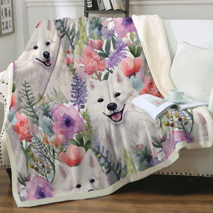 Watercolor Garden American Eskimo Dogs Soft Warm Fleece Blanket-Blanket-American Eskimo Dog, Blankets, Home Decor-Small-1