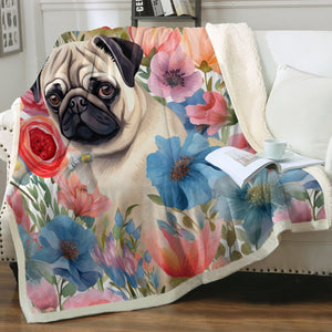 Watercolor Flower Garden Pug Soft Warm Fleece Blanket-Blanket-Blankets, Home Decor, Pug-13