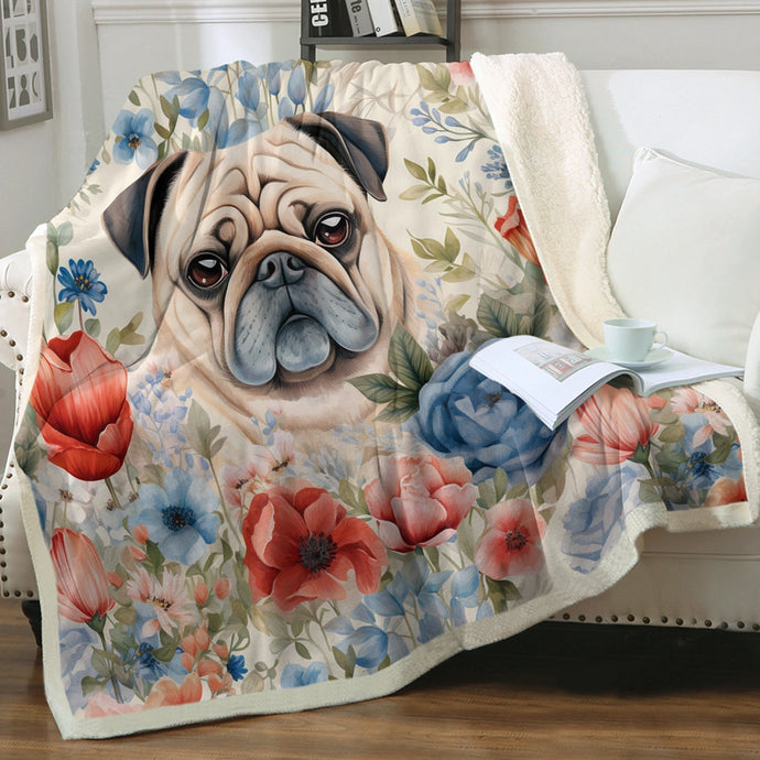 Watercolor Flower Garden Senior Pug Love Fleece Blanket-Blanket-Blankets, Home Decor, Pug-Small-1