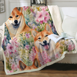 Blooming Bliss with Shiba Smiles Soft Warm Fleece Blanket-Blanket-Blankets, Home Decor, Shiba Inu-2