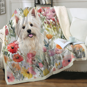 Watercolor Flower Garden Westie Soft Warm Fleece Blanket-Blanket-Blankets, Home Decor, West Highland Terrier-2