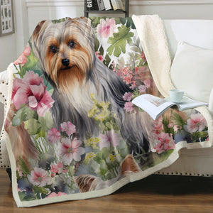 Pink Petals Yorkie Bloom Soft Warm Fleece Blanket-Blanket-Blankets, Home Decor, Yorkshire Terrier-2