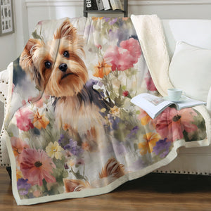 Watercolor Flower Garden Yorkie Soft Warm Fleece Blanket-Blanket-Blankets, Home Decor, Yorkshire Terrier-3