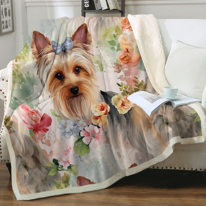 Yorkie in Summer Bloom Soft Warm Fleece Blanket-Blanket-Blankets, Home Decor, Yorkshire Terrier-Small-1