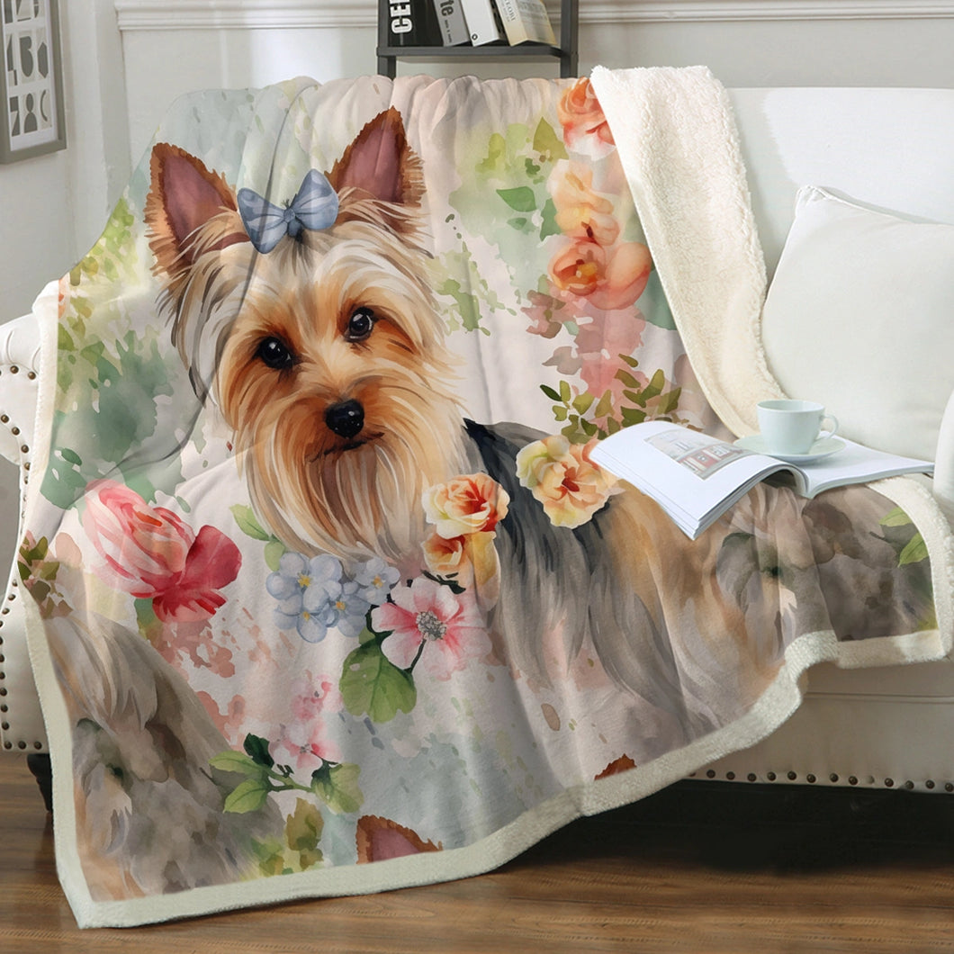 Yorkie in Summer Bloom Soft Warm Fleece Blanket-Blanket-Blankets, Home Decor, Yorkshire Terrier-Small-1