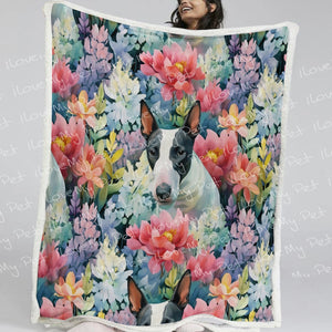 Black and White Bull Terrier in Bloom Fleece Blanket-Blanket-Blankets, Bull Terrier, Home Decor-2