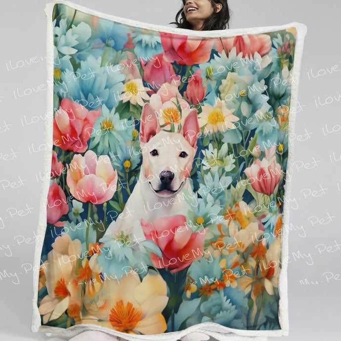 Botanical Beauty White Bull Terrier Fleece Blanket-Blanket-Blankets, Bull Terrier, Home Decor-Small-1