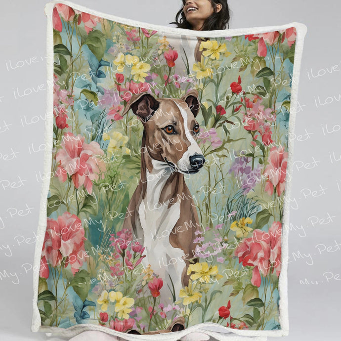 Brindle Greyhound / Whippet in Floral Bloom Fleece Blanket-Blanket-Blankets, Greyhound, Home Decor, Whippet-Small-1