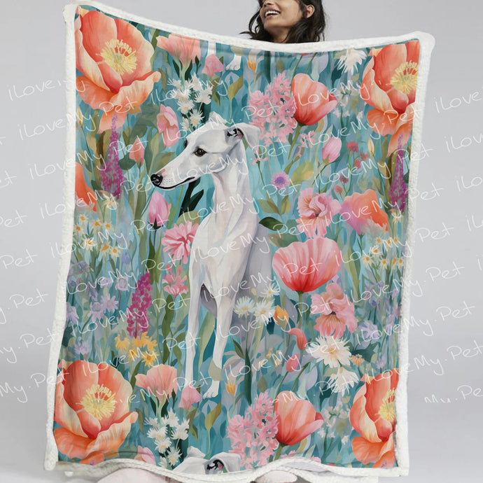 White Greyhound / Whippet in Floral Bloom Fleece Blanket-Blanket-Blankets, Greyhound, Home Decor, Whippet-Small-1