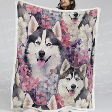 Load image into Gallery viewer, Husky Mom and Baby in Petal Bloom Fleece Blanket-Blanket-Blankets, Home Decor, Siberian Husky-Small-1
